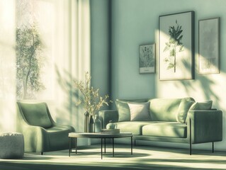 Sunlit Living Room with Sage Green Sofa and Chair