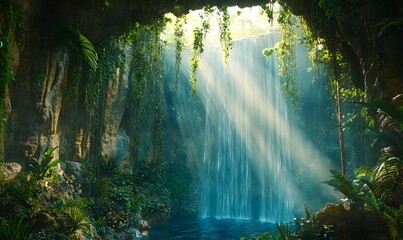 Sunlit waterfall cascading through lush jungle cave.