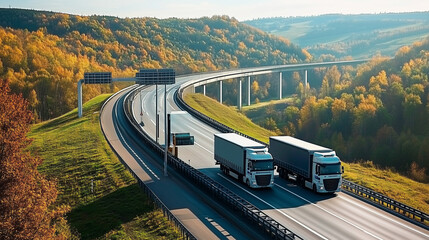 Asphalt highway with electronic toll gates in autumn woodland. Three trucks on the road. The bridge spanning the valley. View from above. Sunny day with bright fall colors.