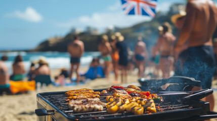 A Group of Australians Enjoying a Beach BBQ Celebration on Australia Day with Happiness and Sunshine