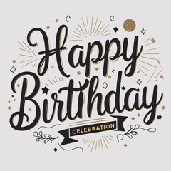Happy birthday celebration concept. Greeting birthday party lettering with celebration hand drawn elements, decorative invitation card