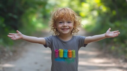 Joyful Child Welcoming the World in a Lush Green Forest