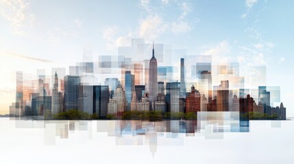 Fototapeta premium Abstract Artistic Representation of New York City Skyline with Geometric Overlay and Reflective Water Elements for Modern Design and Creative Projects