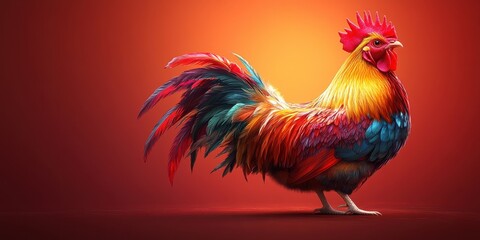 Majestic Rooster Vibrant Plumage Colorful Bird Farm Animal Digital Art