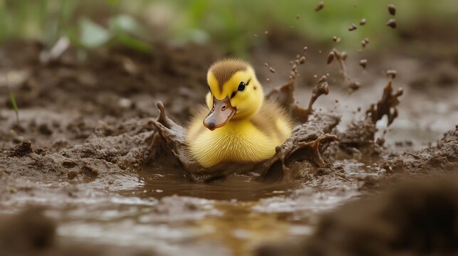 An adorable duckling happily sliding down a muddy hill,splashing and playing in the dirt,exploring its natural environment with a sense of joy and adventure.