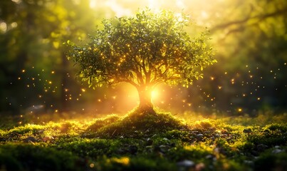 Naklejka premium Magical tree glowing in sunlight.