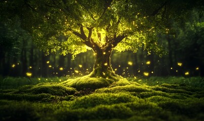 Obraz premium Magical glowing tree in enchanted forest at night.