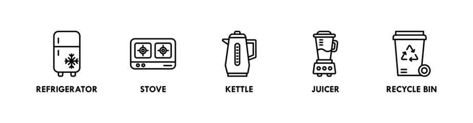 Kitchen Set banner web icon illustration concept with icon of refrigerator, stove, kettle, juicer, and recycling bin