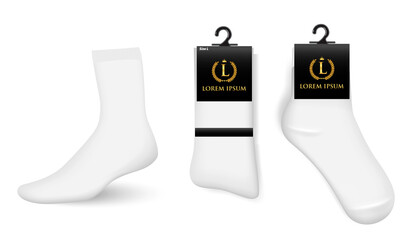Set Illustration of various white socks Packaging with Hooks, foot wear mockup isolated  