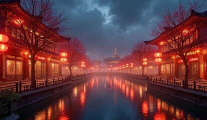 Urban atmosphere by the lake during Chinese New Year celebrations with beautiful lantern lights