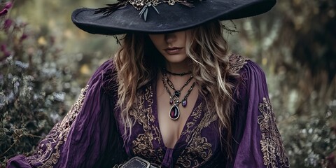 Enchanted Forest Witch: A Mystical Purple Dress Illustration