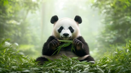 Obraz premium Adorable Giant Panda Sitting in Lush Greenery, Enjoying Fresh Bamboo in a Tranquil Forest Setting Surrounded by Nature's Beauty and Serenity