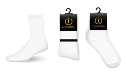 Set Illustration of various white socks Packaging with Hooks, foot wear mockup isolated  