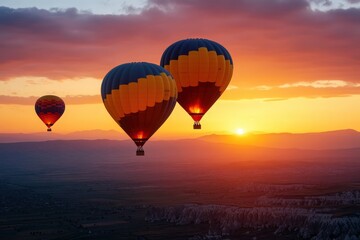 Fototapeta premium Colorful hot air balloons at sunrise over scenic landscape