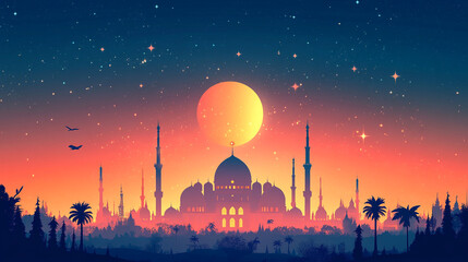 Fototapeta premium Majestic mosque silhouette lit by the sunset during Ramadan celebrations