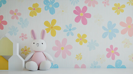 Obraz premium Whimsical Nursery Decor: A cuddly white bunny sits amidst a playful backdrop of colorful flowers, creating a cheerful and inviting space for a little one.