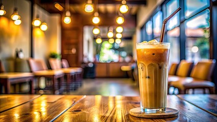 Refreshing Thai iced coffee, served tall in a shapely glass, a perfect summer treat at your favorite coffee shop.