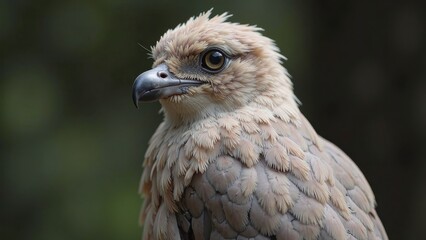 A warm-beige bird with a striking black beak gazes left, its light-brown feathers a soft contrast against a neutral backdrop