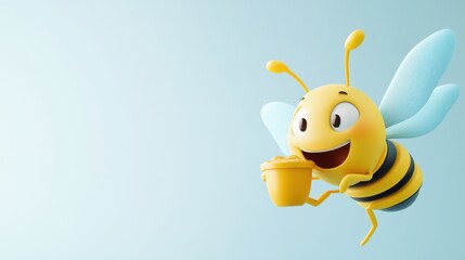 Obraz premium A Cheerful Cartoon Bee Carrying Honey Pot: 3D Render of a Happy Bee in Flight