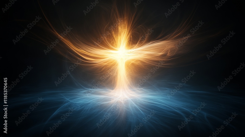 Poster ethereal cross symbolizing light and hope in a dark environment with glowing swirls and soft radianc