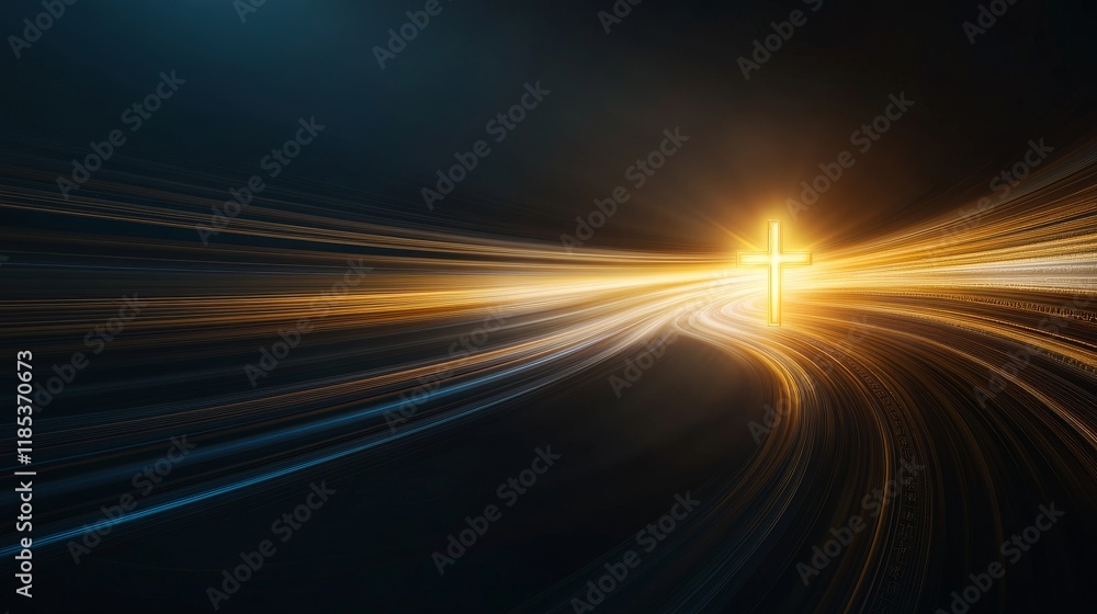 Poster glowing cross illuminated by radiant light waves creating a spiritual and uplifting atmosphere for f