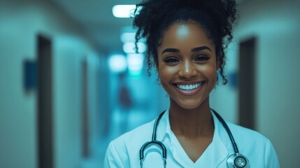 Fototapeta premium Confident Young Female Doctor Smiling in Hospital Corridor