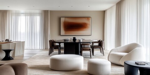 Fototapeta premium Minimalist living room, neutral tones, organic shapes, curved sofa, round coffee table, sculptural wall art, floor-to-ceiling windows, sheer curtains, natural light, zen atmosphere, Japanese-inspired 