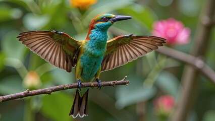 Fototapeta premium Vibrant bee-eater perches on a delicate branch, its iridescent feathers glowing as it spreads its majestic wings to the right, black beak sharp against a sunny backdrop