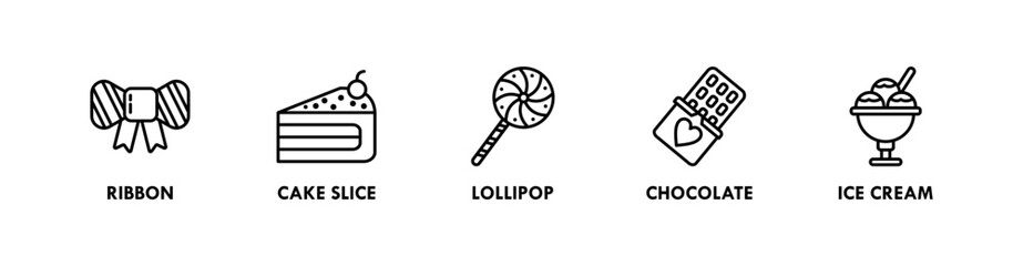 Birthday and Party banner web icon illustration concept with icon of ribbon, cake slice, lollipop, chocolate, and ice cream