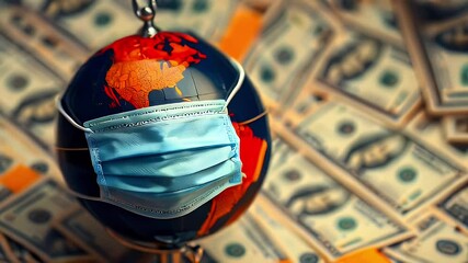 A globe wearing a mask is surrounded by stacks of money, symbolizing global health and economy. - Powered by Adobe