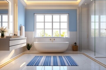 Fototapeta premium Modern bathroom with freestanding tub and blue accents under sunlit window