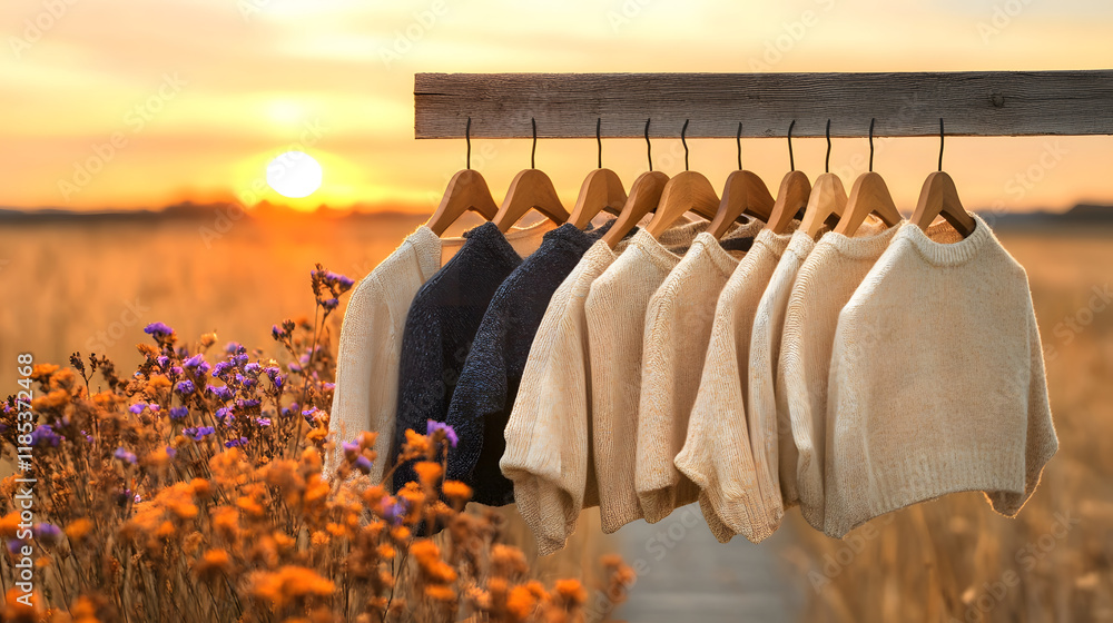 Poster a row of cozy sweaters hangs against a sunset backdrop, surrounded by fields and flowers, creating a