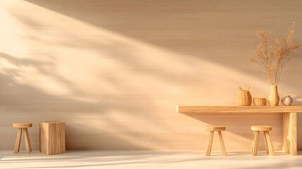 A serene, minimalist interior featuring wooden furniture, soft lighting, and natural decor, creating a calming atmosphere