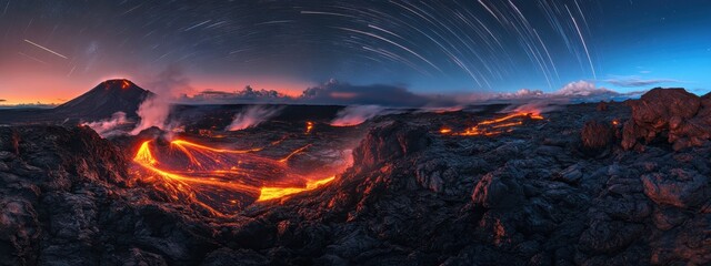 An extraordinary view of a remote volcanic crater with cascading lava and a rare, bright meteor storm creating celestial streaks across the volcanic landscape, Volcanic crater scene