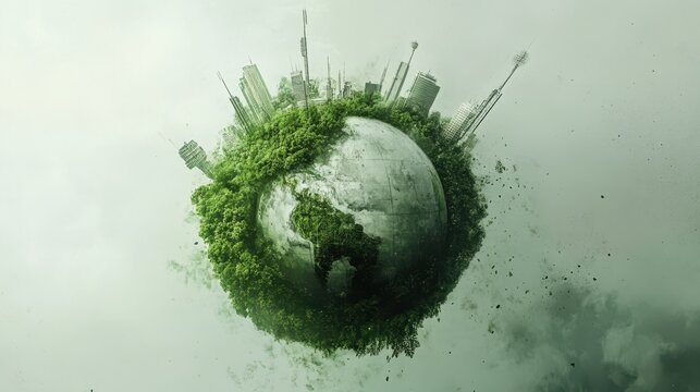 Green Cityscape: A vibrant city skyline emerges from a lush, green Earth, symbolizing a harmonious future where nature and urban life coexist. A powerful image of sustainability, environmentalism.