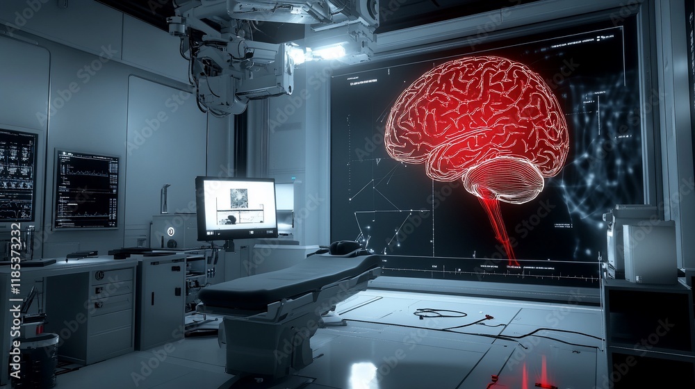 Poster futuristic neurosurgery operating room with brain scan display