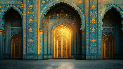 Intricate architecture illuminates during Ramadan at a historic mosque