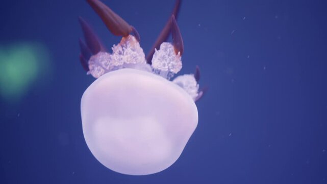 Close up of Cassiopea andromeda, an upside down jellyfish, pulsating gently in dark blue water