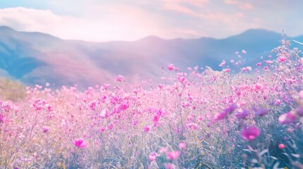Naklejka premium Pink flowers bloom on a field. Distant mountains visible. Use for romantic, tranquil, or peaceful concepts