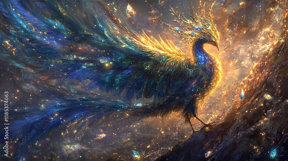 Wall mural Cosmic Peacock: A Fantasy Bird in a Starry Night