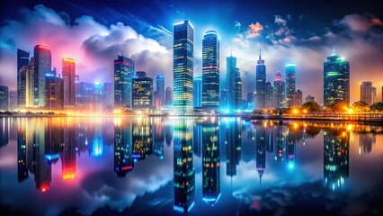 Neon-lit towers, veiled in fog, stand tall.