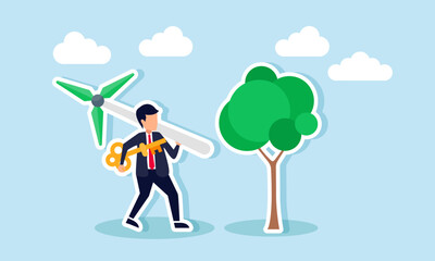 Businessman walking with a windmill and key towards a tree, illustration of business solutions in creating products with eco-friendly technology
