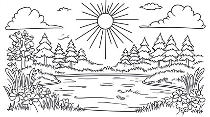 Sunny forest lake coloring page illustration