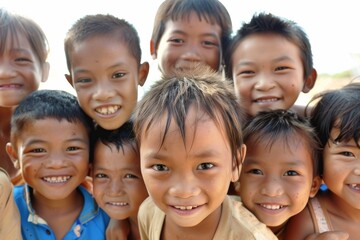 Group of happy asian children smiling and looking at the camera.