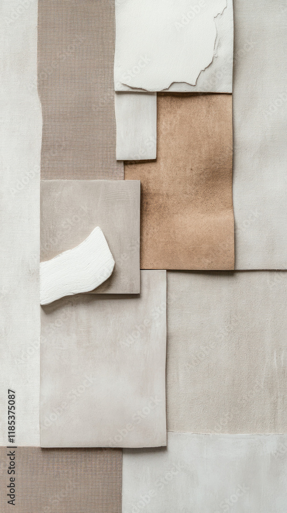 Poster textured abstract composition with neutral colors and layered materials