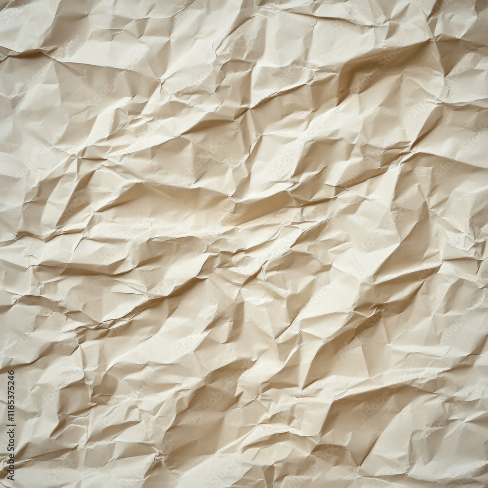 Poster crumpled beige paper texture with intricate folds and creases, ideal for backgrounds