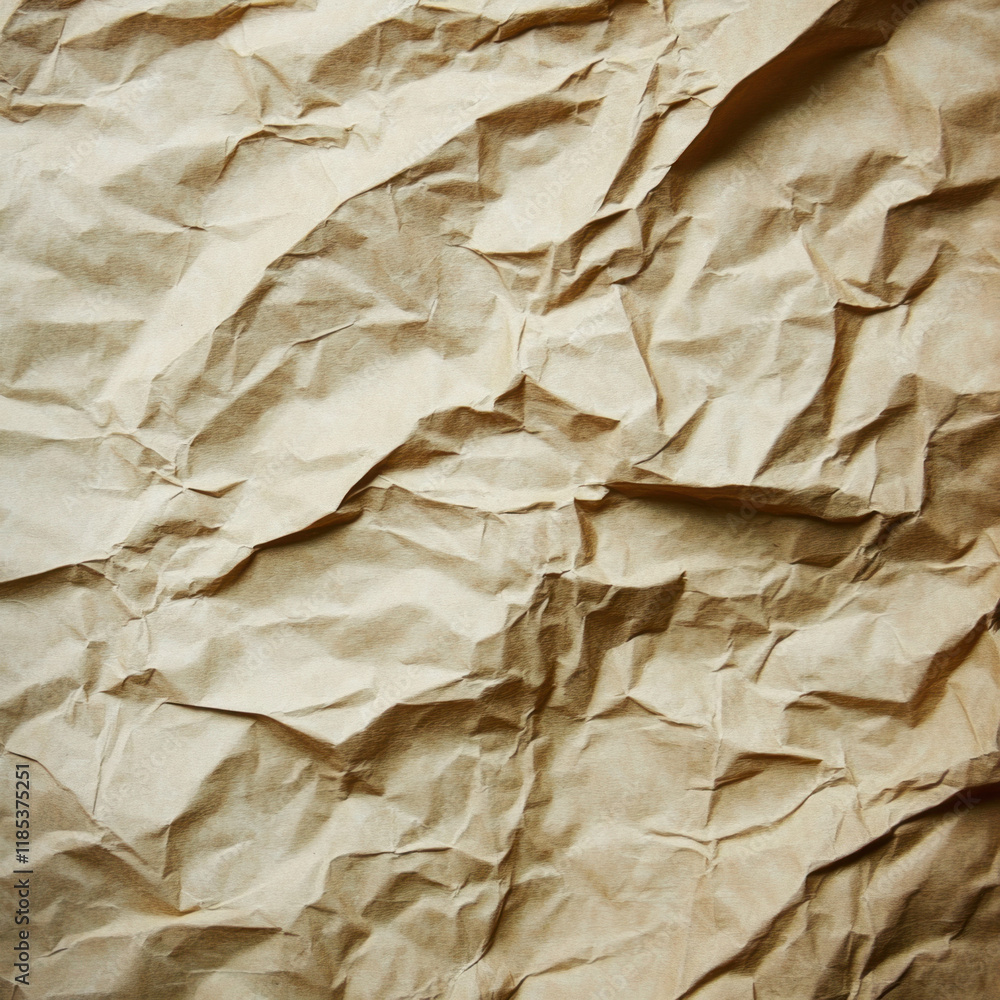 Poster crumpled brown paper texture with intricate folds and creases, ideal for backgrounds
