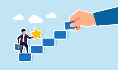 Businessman holding a star intending to climb stairs arranged by a hand, illustration of step-by-step business career growth driven by business product quality