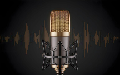 Microphone with sound waves on black background. podcasting and audio recording work. mic with...