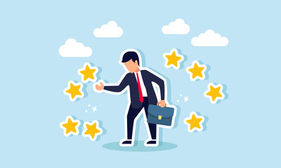Businessman saluting several stars surrounding him, illustration of happiness from positive feedback on business product quality